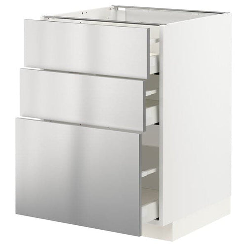 METOD / MAXIMERA base cabinet with 3 drawers, white/Vårsta stainless steel, 60x60 cm