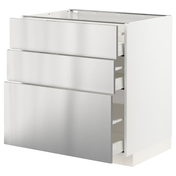 METOD / MAXIMERA - Base cabinet with 3 drawers, white/Vårsta stainless steel, 80x60 cm