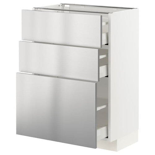 METOD / MAXIMERA base cabinet with 3 drawers, white/Vårsta stainless steel, 60x37 cm