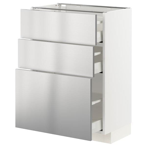 METOD / MAXIMERA - Base cabinet with 3 drawers, white/Vårsta stainless steel, 60x37 cm