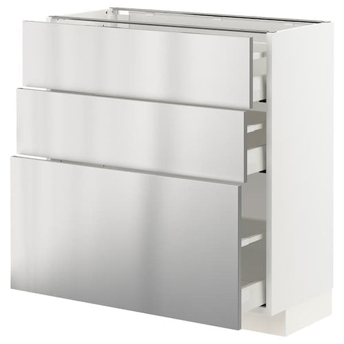 METOD / MAXIMERA base cabinet with 3 drawers, white/Vårsta stainless steel, 80x37 cm