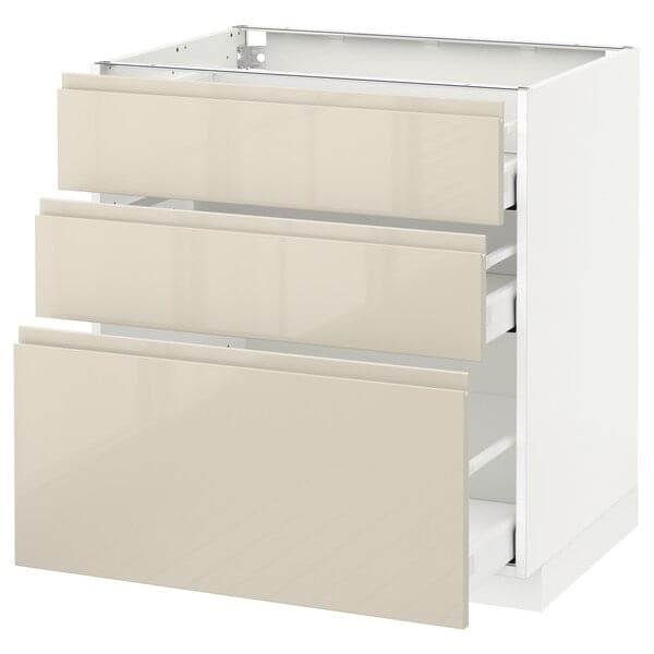 METOD / MAXIMERA - Base cabinet with 3 drawers, white/Voxtorp high-gloss light beige, 80x60 cm - best price from Maltashopper.com 29168225