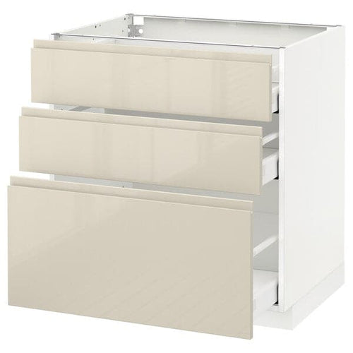 METOD / MAXIMERA - Base cabinet with 3 drawers, white/Voxtorp high-gloss light beige, 80x60 cm