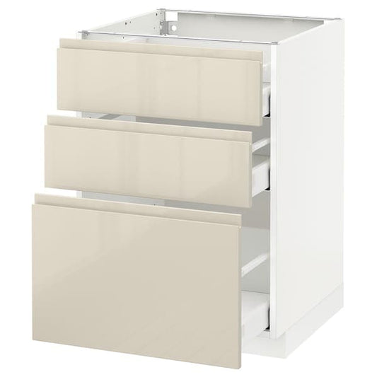 Ikea METOD / MAXIMERA - Base cabinet with 3 drawers, white/Voxtorp high-gloss light beige, 60x60 cm
