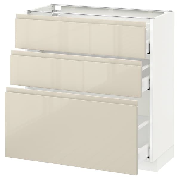 Ikea METOD / MAXIMERA - Base cabinet with 3 drawers, white/Voxtorp high-gloss light beige, 80x37 cm