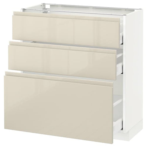 METOD / MAXIMERA - Base cabinet with 3 drawers, white/Voxtorp high-gloss light beige, 80x37 cm