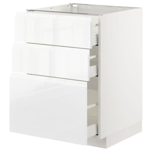 METOD / MAXIMERA - Base cabinet with 3 drawers, white/Voxtorp high-gloss/white, 60x60 cm