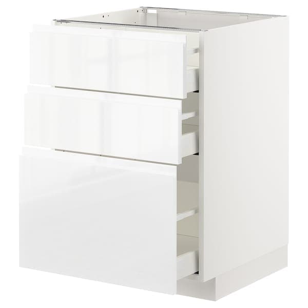 METOD / MAXIMERA - Base cabinet with 3 drawers, white/Voxtorp high-gloss/white, 60x60 cm