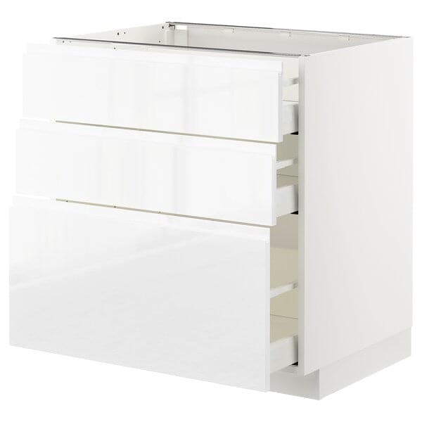 METOD / MAXIMERA - Base cabinet with 3 drawers, white/Voxtorp high-gloss/white, 80x60 cm - best price from Maltashopper.com 59255023