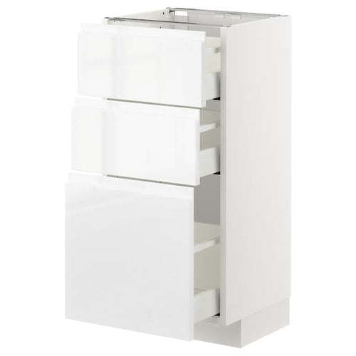 METOD / MAXIMERA - Base cabinet with 3 drawers, white/Voxtorp high-gloss/white, 40x37 cm