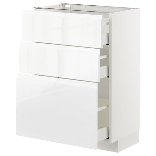 METOD / MAXIMERA - Base cabinet with 3 drawers, white/Voxtorp high-gloss/white, 60x37 cm