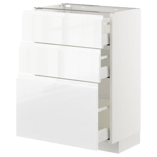 METOD / MAXIMERA base cabinet with 3 drawers, white/Voxtorp high-gloss/white, 60x37 cm