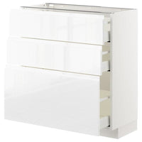 METOD / MAXIMERA base cabinet with 3 drawers, white/Voxtorp high-gloss/white, 80x37 cm