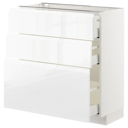 METOD / MAXIMERA - Base cabinet with 3 drawers, white/Voxtorp high-gloss/white, 80x37 cm