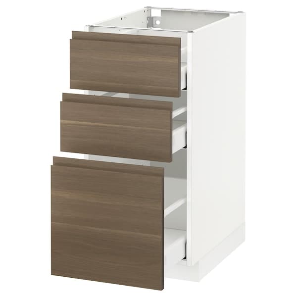 METOD / MAXIMERA Mobile base with 3 drawers - white/Voxtorp walnut 40x60 cm