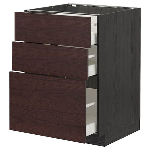 METOD / MAXIMERA - Base cabinet with 3 drawers, black Askersund/dark brown ash effect, 60x60 cm