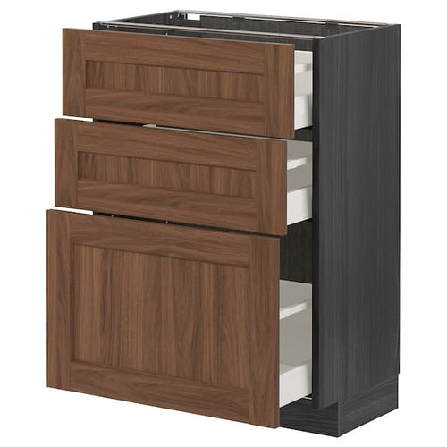 METOD / MAXIMERA - Base cabinet with 3 drawers, black Enköping/brown walnut effect, 60x37 cm