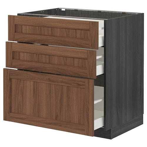 METOD / MAXIMERA - Base cabinet with 3 drawers, black Enköping/brown walnut effect, 80x60 cm