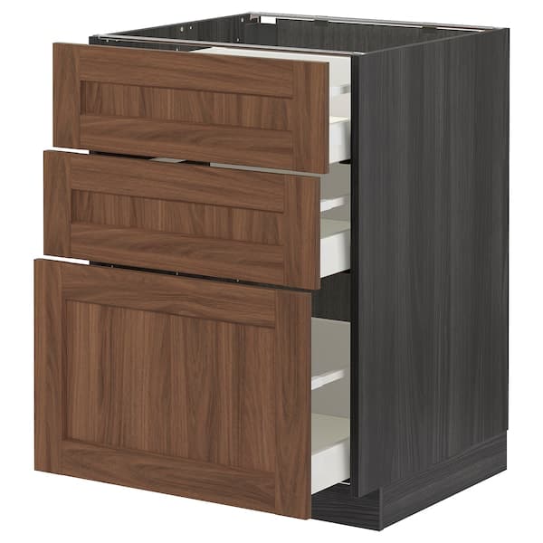 METOD / MAXIMERA - Base cabinet with 3 drawers, black Enköping/brown walnut effect, 60x60 cm