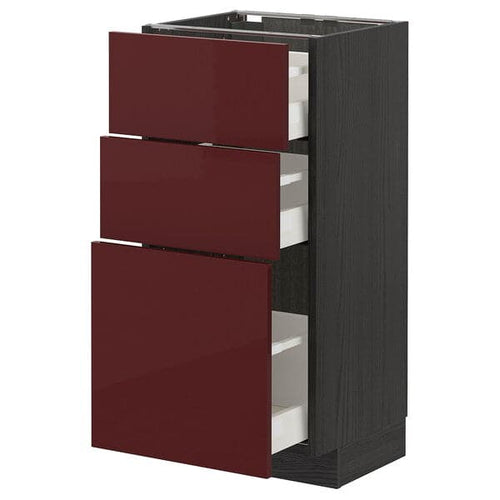 METOD / MAXIMERA - Base cabinet with 3 drawers, black Kallarp/high-gloss dark red-brown, 40x37 cm