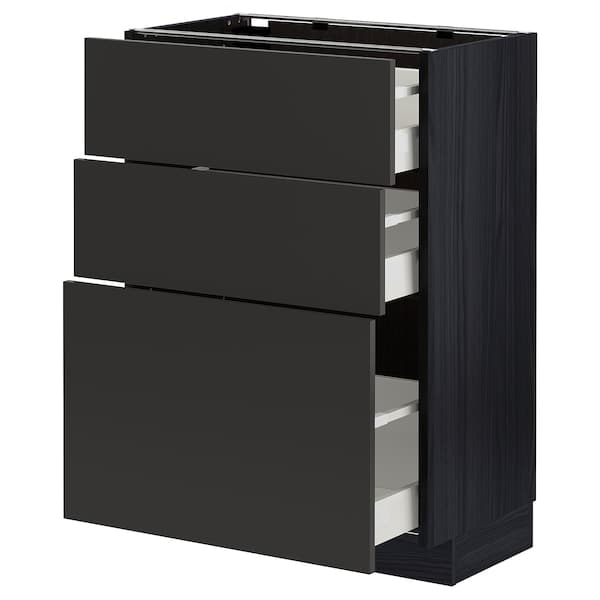 METOD / MAXIMERA - Base cabinet with 3 drawers, black/Nickebo matt anthracite, 60x37 cm - best price from Maltashopper.com 69498691