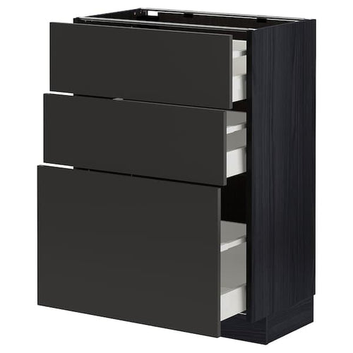 METOD / MAXIMERA - Base cabinet with 3 drawers, black/Nickebo matt anthracite, 60x37 cm