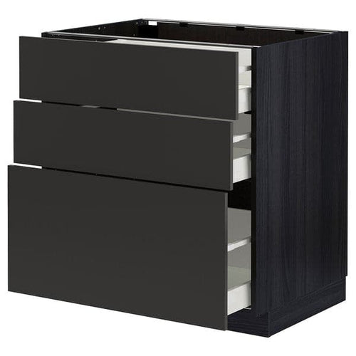 METOD / MAXIMERA - Base cabinet with 3 drawers, black/Nickebo matt anthracite, 80x60 cm