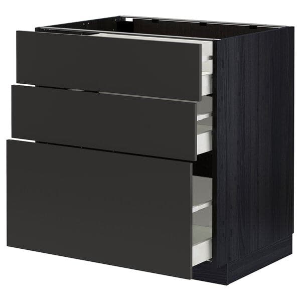 METOD / MAXIMERA base cabinet with 3 drawers, black/Nickebo matt anthracite, 80x60 cm
