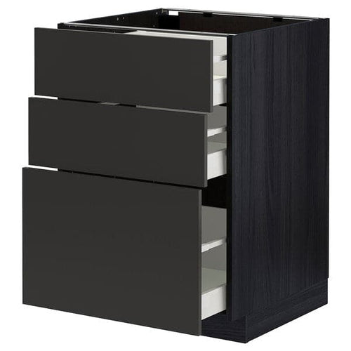 METOD / MAXIMERA - Base cabinet with 3 drawers, black/Nickebo matt anthracite, 60x60 cm