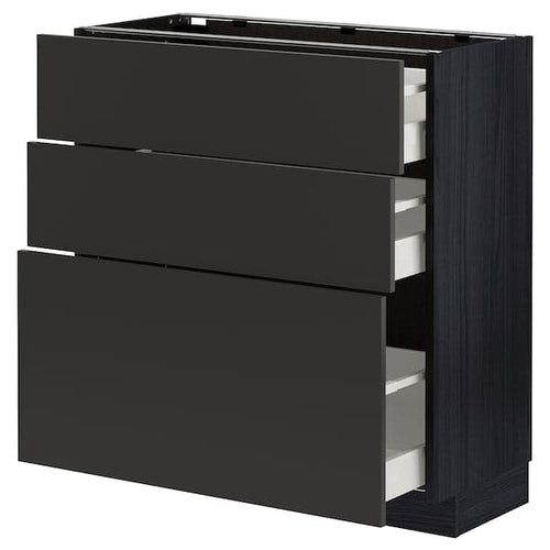 METOD / MAXIMERA - Base cabinet with 3 drawers, black/Nickebo matt anthracite, 80x37 cm