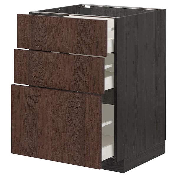 Ikea METOD / MAXIMERA - Base cabinet with 3 drawers, black/Sinarp brown, 60x60 cm