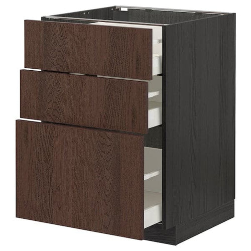 METOD / MAXIMERA - Base cabinet with 3 drawers, black/Sinarp brown, 60x60 cm