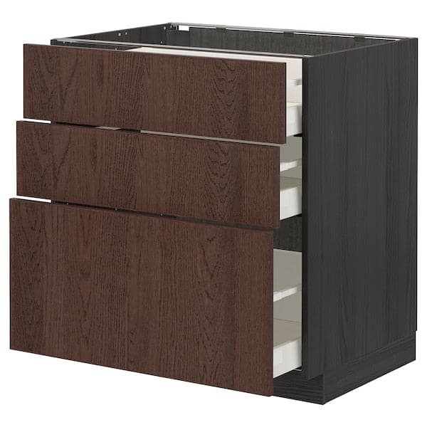 METOD / MAXIMERA - Base cabinet with 3 drawers, black/Sinarp brown, 80x60 cm - best price from Maltashopper.com 89405728