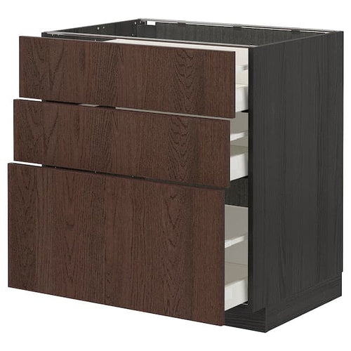 METOD / MAXIMERA - Base cabinet with 3 drawers, black/Sinarp brown, 80x60 cm