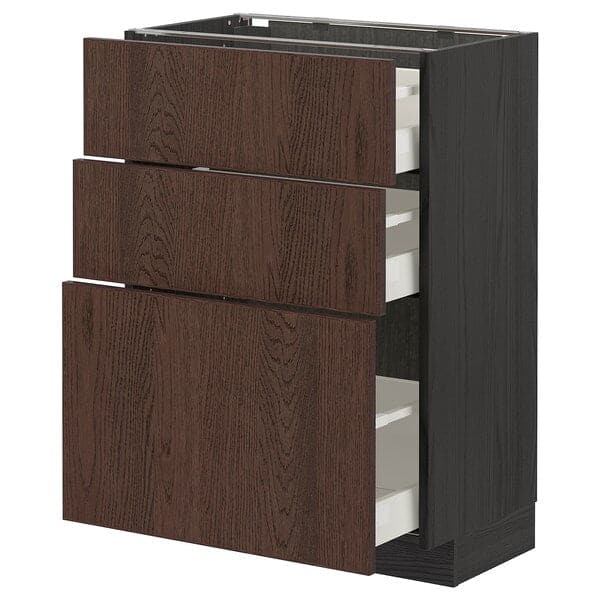 METOD / MAXIMERA - Base cabinet with 3 drawers, black/Sinarp brown, 60x37 cm - best price from Maltashopper.com 49405773