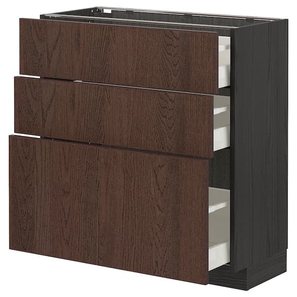 METOD / MAXIMERA - Base cabinet with 3 drawers, black/Sinarp brown, 80x37 cm - best price from Maltashopper.com 79405776