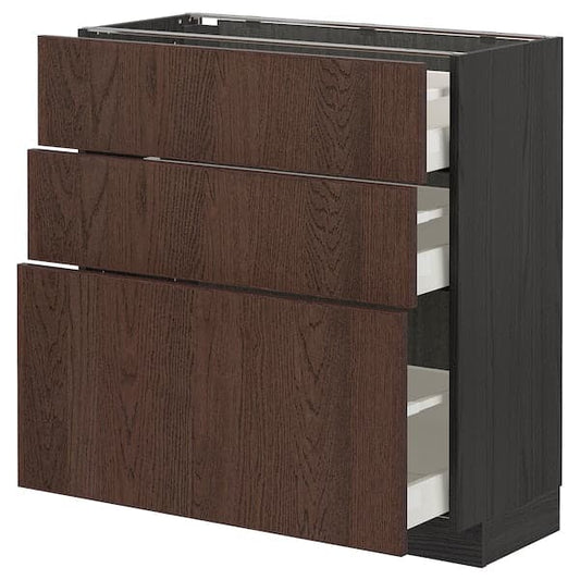 METOD / MAXIMERA - Base cabinet with 3 drawers, black/Sinarp brown, 80x37 cm - best price from Maltashopper.com 79405776