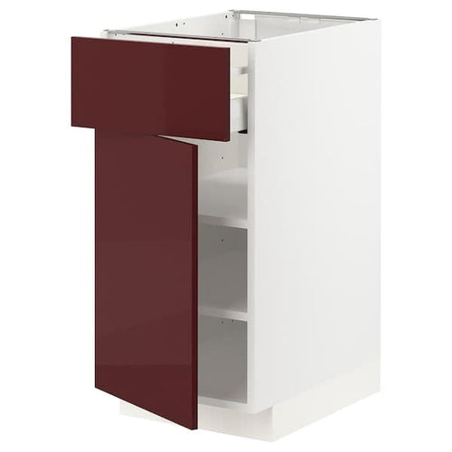 METOD / MAXIMERA - Base cabinet with drawer/door, white Kallarp/high-gloss dark red-brown, 40x60 cm