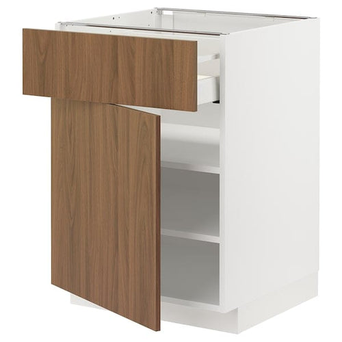 METOD / MAXIMERA base cabinet with drawer/door, white/Tistorp brown walnut effect, 60x60 cm