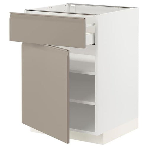 METOD / MAXIMERA base cabinet with drawer/door, white/Upplöv matt dark beige, 60x60 cm