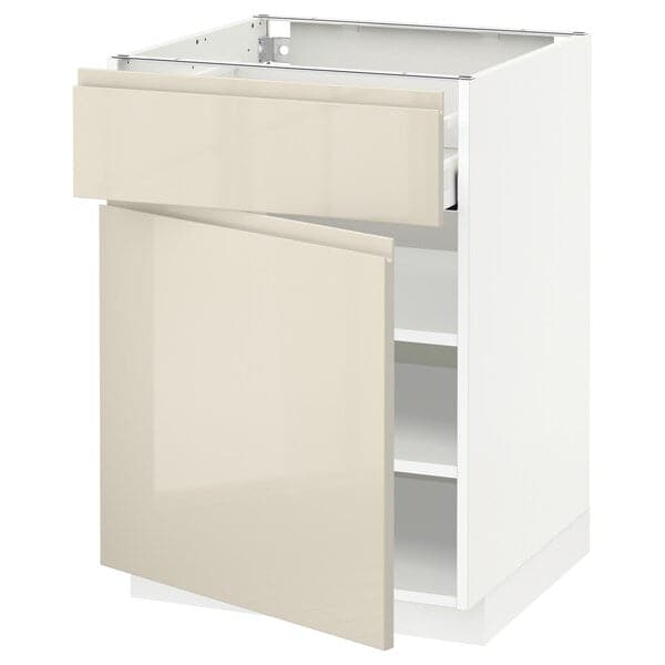 METOD / MAXIMERA - Base cabinet with drawer/door, white/Voxtorp high-gloss light beige, 60x60 cm - best price from Maltashopper.com 79461606