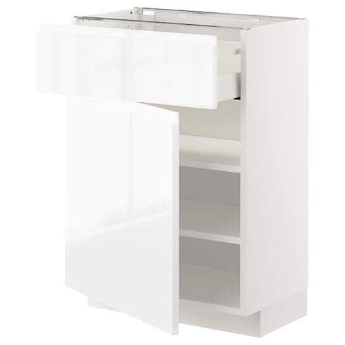METOD / MAXIMERA base cabinet with drawer/door, white/Voxtorp high-gloss/white, 60x37 cm