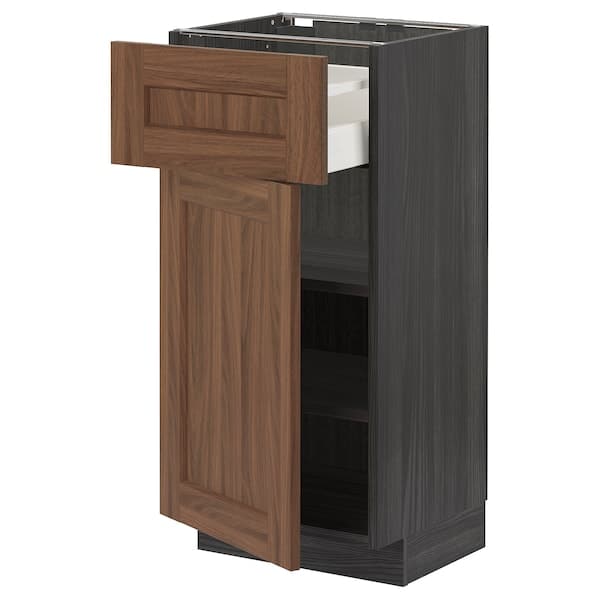 METOD / MAXIMERA - Base cabinet with drawer/door, black Enköping/brown walnut effect, 40x37 cm