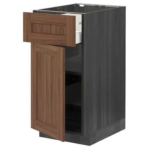 METOD / MAXIMERA - Base cabinet with drawer/door, black Enköping/brown walnut effect, 40x60 cm