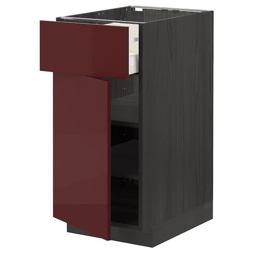 METOD / MAXIMERA - Base cabinet with drawer/door, black Kallarp/high-gloss dark red-brown, 40x60 cm