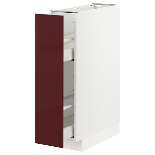 METOD / MAXIMERA - Base cabinet/pull-out int fittings, white Kallarp/high-gloss dark red-brown, 20x60 cm