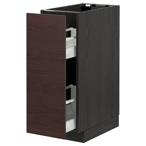 METOD / MAXIMERA - Base cabinet/pull-out int fittings, black Askersund/dark brown ash effect, 30x60 cm