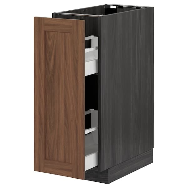 METOD / MAXIMERA - Base cabinet/pull-out int fittings, black Enköping/brown walnut effect, 30x60 cm - best price from Maltashopper.com 99476659