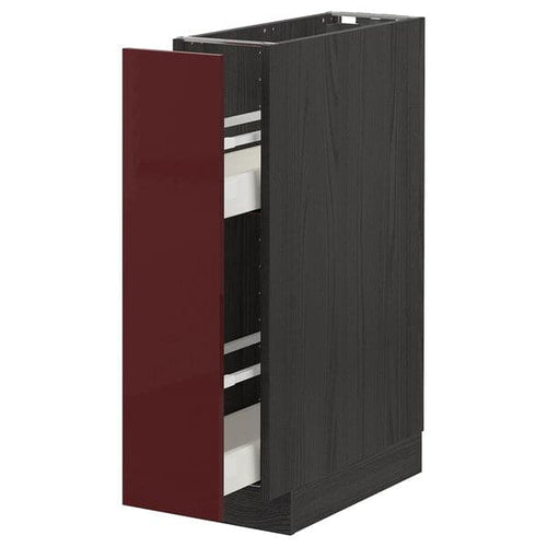 METOD / MAXIMERA - Base cabinet/pull-out int fittings, black Kallarp/high-gloss dark red-brown, 20x60 cm