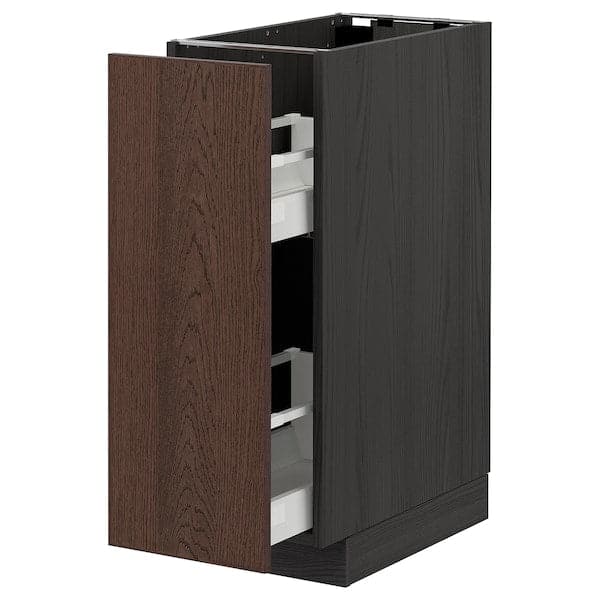 METOD / MAXIMERA - Base cabinet/pull-out int fittings, black/Sinarp brown, 30x60 cm